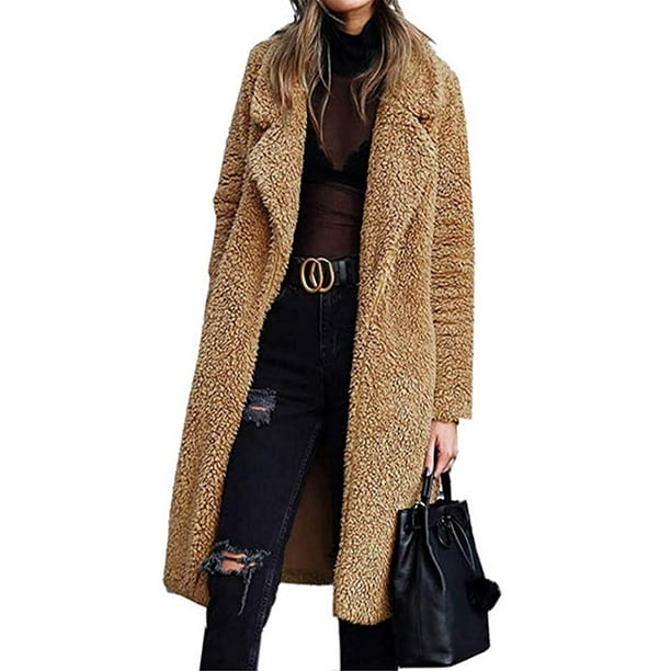 VEFSU Womens Coat Fluzzy Warm Winter Long Sleeve Outwear Long Overcoat S-2XL 